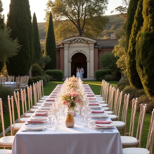 Elegante allestimento per un matrimonio nel giardino della tenuta.