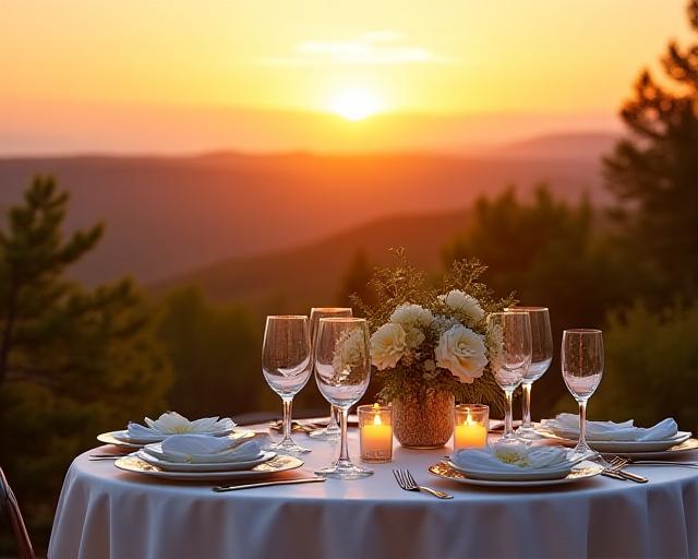 Tavola apparecchiata per una cena al tramonto.