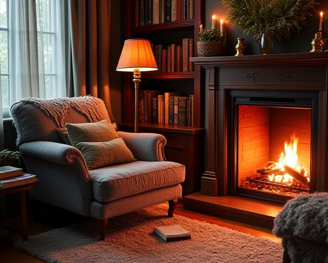 Accogliente sala lettura con camino.